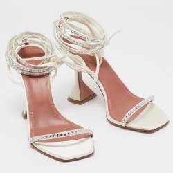 Pre Owned Amina Muaddi White Crystal Embellished Satin Vita Ankle Tie Sandals Size 37