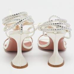 Pre Owned Amina Muaddi White Crystal Embellished Satin Vita Ankle Tie Sandals Size 37
