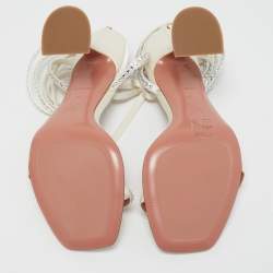 Pre Owned Amina Muaddi White Crystal Embellished Satin Vita Ankle Tie Sandals Size 37