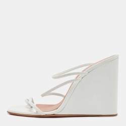 Pre Owned Amina Muaddi White Leather Naima Wedge Sandals Size 38