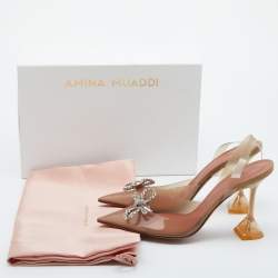 Pre Owned Amina Muaddi Brown PVC Rosie Crystal Embellished Slingback Pumps Size 40
