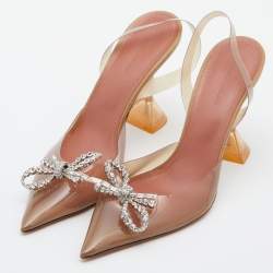 Pre Owned Amina Muaddi Brown PVC Rosie Crystal Embellished Slingback Pumps Size 40