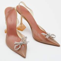 Pre Owned Amina Muaddi Brown PVC Rosie Crystal Embellished Slingback Pumps Size 40