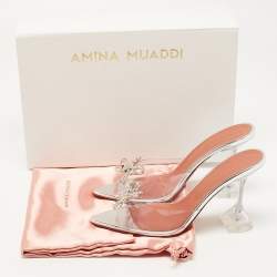 Amina Muaddi Transparent PVC Rosie Crystal Embellished Slides Sandals Size 37.5