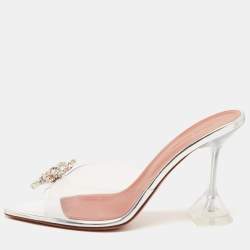 Amina Muaddi Transparent PVC Rosie Crystal Embellished Slides Sandals Size 37.5