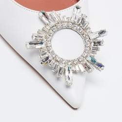 Pre Owned Amina Muaddi White Leather Begum Crystal Embellished Slingback Pumps Size 38.5