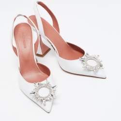 Pre Owned Amina Muaddi White Leather Begum Crystal Embellished Slingback Pumps Size 38.5