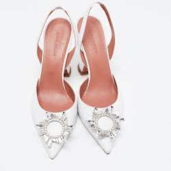 Pre Owned Amina Muaddi White Leather Begum Crystal Embellished Slingback Pumps Size 38.5