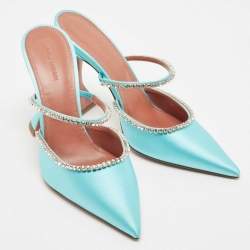 Amina Muaddi Blue Satin Gilda Mules Size 39