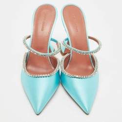 Amina Muaddi Blue Satin Gilda Mules Size 39