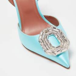 Pre Owned Amina Muaddi Blue Satin Camelia Crystal Embellished Pointed Toe Slingback Pumps Size 37