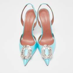Pre Owned Amina Muaddi Blue Satin Camelia Crystal Embellished Pointed Toe Slingback Pumps Size 37