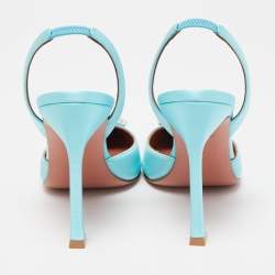 Pre Owned Amina Muaddi Blue Satin Camelia Crystal Embellished Pointed Toe Slingback Pumps Size 37