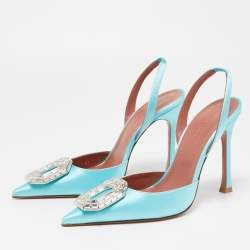 Pre Owned Amina Muaddi Blue Satin Camelia Crystal Embellished Pointed Toe Slingback Pumps Size 37