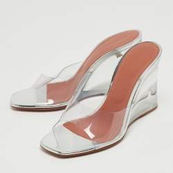 Pre Owned Amina Muaddi Transparent PVC Lupita Glass Wedge Sandals Size 35