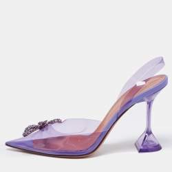 Pre Owned Amina Muaddi Purple PVC Rosie Crystal Embellished Bow Pointed Toe Slingback Pumps Size 40.5