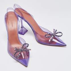 Pre Owned Amina Muaddi Purple PVC Rosie Crystal Embellished Bow Pointed Toe Slingback Pumps Size 40.5