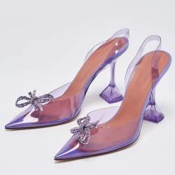 Pre Owned Amina Muaddi Purple PVC Rosie Crystal Embellished Bow Pointed Toe Slingback Pumps Size 40.5