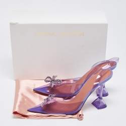 Pre Owned Amina Muaddi Purple PVC Rosie Crystal Embellished Bow Pointed Toe Slingback Pumps Size 40.5