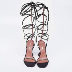 Pre Owned Amina Muaddi x AWGE LSD Black Crystal Embellished Satin Ankle Wrap Gladiator Sandals Size 37