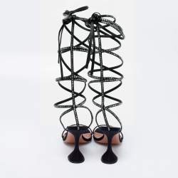 Pre Owned Amina Muaddi x AWGE LSD Black Crystal Embellished Satin Ankle Wrap Gladiator Sandals Size 37