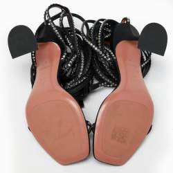 Pre Owned Amina Muaddi x AWGE LSD Black Crystal Embellished Satin Ankle Wrap Gladiator Sandals Size 37