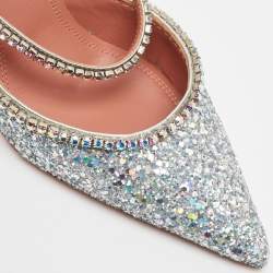 Pre Owned Amina Muaddi Silver Glitter Crystal Embellished Gilda Mules Size 39