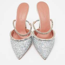 Pre Owned Amina Muaddi Silver Glitter Crystal Embellished Gilda Mules Size 39