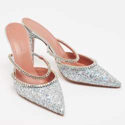 Pre Owned Amina Muaddi Silver Glitter Crystal Embellished Gilda Mules Size 39