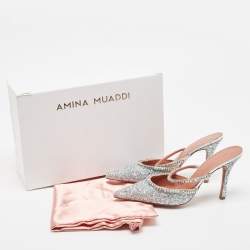 Pre Owned Amina Muaddi Silver Glitter Crystal Embellished Gilda Mules Size 39