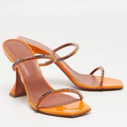 Amina Muaddi Orange Crystal Embellished Satin Glida Slide Sandals Size 40