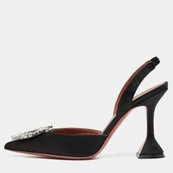 Pre Owned Amina Muaddi Black Satin Begum Slingback Pumps Size 38