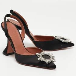 Pre Owned Amina Muaddi Black Satin Begum Slingback Pumps Size 38