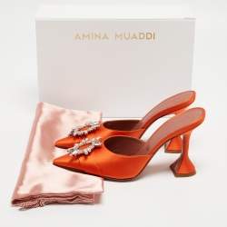 Pre Owned Amina Muaddi Orange Satin Begum Mules Size 39