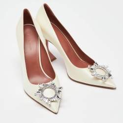 Amina Muaddi White Satin Begum Crystal Embellished Pointed Toe Pumps Size 39