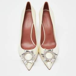 Amina Muaddi White Satin Begum Crystal Embellished Pointed Toe Pumps Size 39