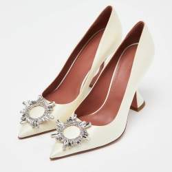 Amina Muaddi White Satin Begum Crystal Embellished Pointed Toe Pumps Size 39