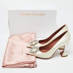 Amina Muaddi White Satin Begum Crystal Embellished Pointed Toe Pumps Size 39