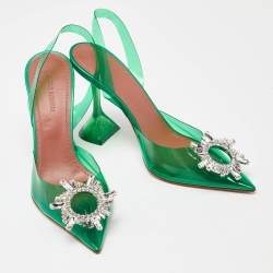 Pre Owned Amina Muaddi Green PVC Begum Crystal Embellished Slingback Pumps Size 37