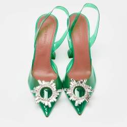 Pre Owned Amina Muaddi Green PVC Begum Crystal Embellished Slingback Pumps Size 37