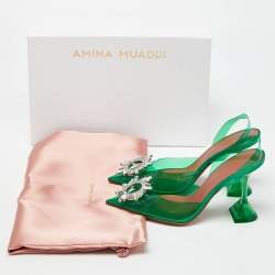 Pre Owned Amina Muaddi Green PVC Begum Crystal Embellished Slingback Pumps Size 37