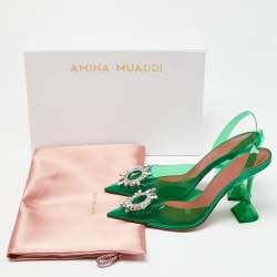 Amina Muaddi Green PVC Begum Crystal Embellished Slingback Pumps Size 40