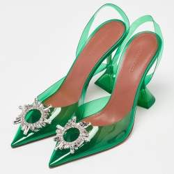 Amina Muaddi Green PVC Begum Crystal Embellished Slingback Pumps Size 40