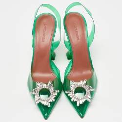 Amina Muaddi Green PVC Begum Crystal Embellished Slingback Pumps Size 40