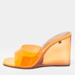 Amina Muaddi Neon Orange PVC Lupita Wedge Sandals Size 37