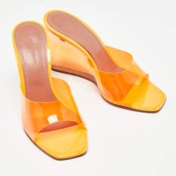 Amina Muaddi Neon Orange PVC Lupita Wedge Sandals Size 37