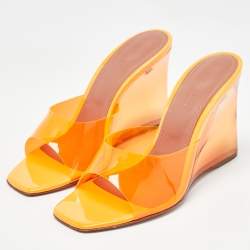 Amina Muaddi Neon Orange PVC Lupita Wedge Sandals Size 37