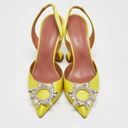 Pre Owned Amina Muaddi Yellow Satin Begum Slingback Pumps Size 36.5