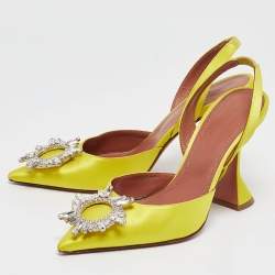 Pre Owned Amina Muaddi Yellow Satin Begum Slingback Pumps Size 36.5