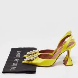 Pre Owned Amina Muaddi Yellow Satin Begum Slingback Pumps Size 36.5